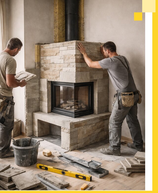 Угловые камины под ключ проект, монтаж и отделка в Богородицке